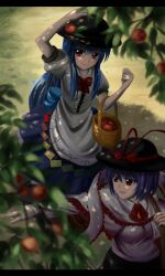  2girls basket blue_hair chien_zero commentary_request cross-laced_footwear dress food fruit hand_on_headwear hat highres hinanawi_tenshi letterboxed light_purple_hair long_hair multiple_girls nagae_iku peach red_eyes shawl short_hair smile touhou 