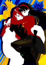  2girls amagi_yukiko ass ass_grab black_hair blending bodysuit commentary_request flat_color flower hairband highres houndstooth hug ian_chase kirijou_mitsuru leg_hold leg_lock lily_(flower) lips lipstick long_hair makeup multiple_girls pantyhose persona persona_3 persona_4 persona_4:_the_ultimate_in_mayonaka_arena red_eyes red_hair school_uniform silhouette skirt standing thighband_pantyhose watermark web_address yuri 