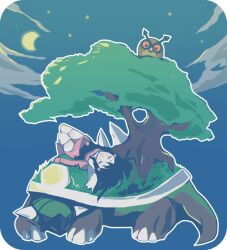  black_hair blush closed_eyes cloud coat commentary_request crescent_moon dark dawn_(pokemon) female hair_ornament hoothoot moon night pokemon pokemon_(creature) pokemon_dppt pokemon_platinum scarf sky sleeping star_(symbol) tasuku_(bixbite) torterra tree winter_clothes 