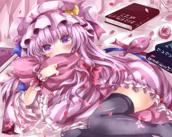  bad_id bad_pixiv_id black_thighhighs blush book bug butterfly crescent double_bun female hair_bun hand_mirror hat hat_ribbon long_hair lying mirror nanase_nao patchouli_knowledge petals pillow purple_eyes purple_hair ribbon solo striped thighhighs touhou translation_request wrist_cuffs 