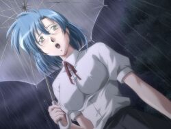  blue_hair ecchi_na_bunny-san_wa_kirai ecchi_na_bunny-san_wa_kirai? female game_cg glasses green_eyes rain short_hair umbrella yamane_masahiro yanagi_hiromi zyx 