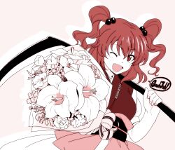  ;d aiming aiming_at_viewer bad_id bad_pixiv_id bouquet english_text female flower hair_bobbles hair_ornament hands ikuya_koimori monochrome one_eye_closed onozuka_komachi open_mouth over_shoulder pink_theme short_hair smile solo touhou two_side_up weapon weapon_over_shoulder 