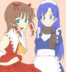  2girls amami_haruka blue_eyes blue_hair blush bow brown_hair color_connection commentary_request cosplay flat_color green_eyes hair_tubes hairbow hakurei_reimu hakurei_reimu_(cosplay) hiroya_juuren idolmaster idolmaster_(classic) izayoi_sakuya izayoi_sakuya_(cosplay) kisaragi_chihaya long_hair maid maid_headdress multiple_girls navel scarf short_hair simple_background smile touhou trait_connection wavy_mouth 