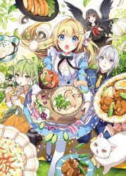  1boy 3girls alphonse_rin apron aqua_eyes beans bird_wings black_hair blonde_hair blue_dress blue_jacket bowl braid breasts cleavage cover cover_page dress eating egg fel_lucifer_maou feline food from_above green_eyes green_hair grey_hair halter_dress halterneck highres holding holding_food holding_tray jacket long_hair loretta_fairy moto_koushaku_reijou_no_shuushoku multicolored_hair multiple_girls mushroom nardack neckerchief necktie novel_cover official_art onion open_mouth pantyhose parted_lips picnic_blanket plate pleated_skirt pointy_ears red_neckerchief rice sailor_collar sailor_shirt second-party_source shirt short_hair sitting skirt sofia_earlgrey standing streaked_hair tofu tono_(moto_koushaku_reijou_no_shuushoku) tray white_hair white_pantyhose wings 