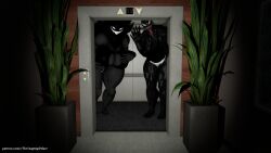  3d_(artwork) 5naptrap backrooms_creature big_breasts big_teeth black_body black_bra black_clothing black_topwear black_underwear bra breasts clothing digital_media_(artwork) duo elevator entity fangs female female/female glowing_face hi_res holding_breast holding_door_handle humanoid karelia_(ace_rattman) long_tongue looking_at_viewer low_light marvel monster muscular muscular_thighs night patreon plant she-venom smile smiler_(the_backrooms) smiling_at_viewer source_filmmaker_(artwork) symbiote teeth text the_backrooms thick_thighs thong tongue topwear underwear url white_clothing white_eyes white_face white_thong white_underwear wide_hips 