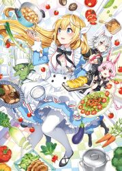  1boy 3girls :d animal_ears apron aqua_eyes beans black_jacket blonde_hair blue_dress boots breasts caro_rabbits carrot cat_ears chef chef_hat cleavage clenched_hands colored_skin cooking_pot cover cover_page cupping_hand dress eggplant floating goblin green_skin grey_hair hat high_heels highres jacket long_hair moto_koushaku_reijou_no_shuushoku multicolored_hair multiple_girls mushroom nardack novel_cover official_art pantyhose parted_lips pink_hair plate pointy_ears pumps rabbit_ears radish red_eyes schneider_gob shirt silvia_flatwhite smile sofia_earlgrey spring_onion streaked_hair tomato white_hair white_pantyhose white_shirt yellow_eyes 