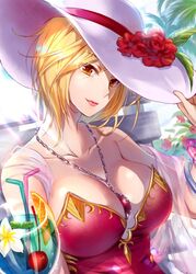  blonde_hair breasts cleavage closed_mouth drink eleanor_(saga) female flower food fruit hat hat_flower imperial_saga jewelry koyama_sao large_breasts looking_at_viewer necklace orange_(fruit) orange_slice red_eyes saga saga_frontier_2 short_hair smile solo 