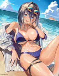  :d absurdres bare_shoulders beach bikini blue_bikini blue_eyes blue_hair blush breasts cleavage cloud collarbone day eyewear_on_head female hair_intakes highres hololive hololive_english jacket knee_up large_breasts long_sleeves looking_at_viewer lying md5_mismatch narrow_waist navel ocean oerba_yun_fang off_shoulder on_back open_clothes open_jacket open_mouth ouro_kronii outdoors santafe99 short_hair skin_fang skindentation smile solo stomach sunglasses swimsuit thigh_strap twitter_username virtual_youtuber water wet white_jacket 