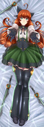  adsouto ahoge black_gloves black_ribbon black_thighhighs brown_hair closed_mouth commentary_request dakimakura_(medium) dress_shirt female frilled_skirt frills from_below full_body gloves green_eyes green_skirt highres long_hair long_sleeves looking_at_viewer lying miniskirt neck_ribbon on_back penny_polendina ribbon rwby shirt skirt smile solo suspender_skirt suspenders thighhighs underbust very_long_hair white_shirt 