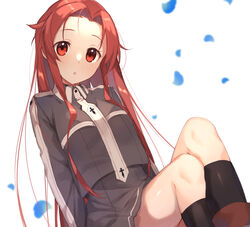  :o black_socks crossed_legs female grey_jacket grey_skirt highres jacket leaning_to_the_side long_hair long_sleeves looking_at_viewer miniskirt noro_(ro_no) parted_bangs parted_lips petals red_eyes red_hair school_uniform simple_background single_horizontal_stripe sitting skirt socks solo sword_art_online sword_art_online:_alicization sword_mastery_academy_school_uniform tiese_schtrinen uniform white_background wing_collar 