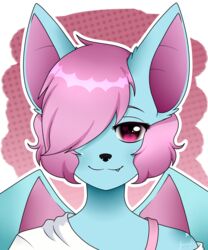  5:6 bat blue_body digital_media_(artwork) femboy hair hair_over_eye hi_res looking_at_viewer mammal one_eye_obstructed pink_eyes pink_hair smile solo terry_bat wings 