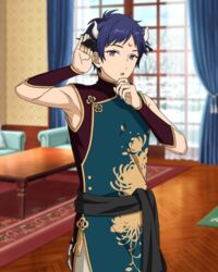  1boy animal_ears bare_shoulders blue_hair carpet chinese_clothes couch cow_boy cow_ears cow_horns cow_tail cowboy_shot curtains dark_blue_hair dot_nose ensemble_stars! extra_ears facepaint fingernails fushimi_yuzuru hand_on_own_chin happy_elements horns indoors male_focus mandarin_collar mole mole_under_eye official_art open_clothes outstretched_hand purple_eyes short_bangs short_hair sleeveless solo table tail third-party_source window zodiac_(ensemble_stars!) 