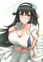  black_hair breasts cleavage curvy dress female flipped_hair gloves green_eyes hair_between_eyes hair_ornament hairband highres huge_breasts kannko_bokujou long_hair phiria_(world_flipper) plump sitting skirt smile solo thighhighs white_gloves world_flipper 