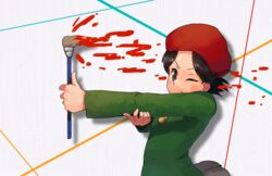  adeleine artist_painter brown_hair commentary_request female forehead hand_on_own_elbow hat highres holding holding_paintbrush katsu_(katsupainter) kirby_(series) kirby_64 one_eye_closed outstretched_arm paint paint_splatter paintbrush red_hat short_hair skirt smock solo thumbs_up 