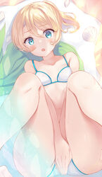  bikini blonde_hair blue_eyes blush breasts capelet_removed collarbone commentary covering_crotch covering_privates esia_mariveninne_(komone_ushio) female hair_between_eyes komone_ushio legs legs_up looking_at_viewer lying on_back open_mouth original ponytail pov seashell shell short_hair small_breasts solo swimsuit thighs v_arms wet white_bikini 