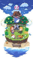  1boy animal bird blonde_hair bug bush butterfly chibi chicken closed_eyes cloud commentary_request cucco egg female flower food fox fruit grass highres instrument kaneni link log long_hair marin_(zelda) mountain music musical_note ocarina orange_hair outdoors playing_instrument pointy_ears sandals shore silhouette singing sitting sky the_legend_of_zelda the_legend_of_zelda:_link&#039;s_awakening tree water wind_fish windfish&#039;s_egg 