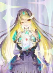  absurdres armor bad_id bad_pixiv_id bare_shoulders blonde_hair breasts chest_jewel dress earrings elbow_gloves female gloves highres jewelry large_breasts long_hair looking_at_viewer mythra_(massive_melee)_(xenoblade) mythra_(xenoblade) one_eye_closed open_mouth pos_(shiratama-ya) short_dress shoulder_armor smash_invitation smile solo sparkle sunlight super_smash_bros. swept_bangs tiara white_dress xenoblade_chronicles_(series) xenoblade_chronicles_2 