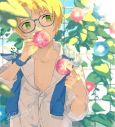  1boy arm_ribbon blue_flower blue_ribbon blurry blurry_background blurry_foreground collarbone collared_shirt commentary_request covered_mouth dated ensemble_stars! flower glasses green_eyes greenhouse hands_up looking_away male_focus morning_glory orange_hair pink_flower red_flower ribbon shirt short_hair solo sweater_around_neck tokopent trellis unbuttoned unbuttoned_shirt white_shirt yuuki_makoto_(ensemble_stars!) 