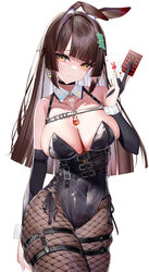  :3 absurdres ace_(playing_card) ace_of_hearts animal_ear_fluff animal_ears bare_shoulders black_choker black_gloves black_leotard blunt_bangs breasts brown_hair brown_pantyhose card choker cleavage closed_mouth cowboy_shot dango_hair_ornament elbow_gloves female fishnet_pantyhose fishnets food-themed_hair_ornament gloves hair_ornament heart highres holding holding_card large_breasts leotard long_hair looking_at_viewer lumium nail_polish necktie original pantyhose partially_fingerless_gloves playboy_bunny playing_card rabbit_ears short_necktie simple_background skindentation solo standing strapless strapless_leotard thigh_strap white_background yellow_eyes yellow_nails 