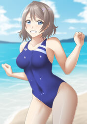  beach blue_eyes blue_one-piece_swimsuit blush breasts brown_hair cloud cloudy_sky collarbone competition_swimsuit day female grey_hair highres looking_at_viewer love_live! love_live!_sunshine!! medium_breasts ocean one-piece_swimsuit outdoors sand sano_souichi short_hair sky smile solo swimsuit watanabe_you water 