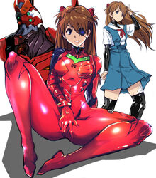  bandages black_legwear blue_eyes bodysuit breasts brown_hair commentary_request eva_02 eva_02_prime_beta evangelion:_3.0_you_can_(not)_redo evangelion_(mecha) extra_eyes eyepatch female glowing green_eyes hair_ornament hand_up interface_headset kamisimo_90 latex long_hair mecha multiple_views neck_ribbon neon_genesis_evangelion no_panties pilot_suit plugsuit rebuild_of_evangelion red_bodysuit ribbon robot school_uniform science_fiction shadow shirt short_sleeves sitting skirt small_breasts smile souryuu_asuka_langley spread_legs tokyo-3_middle_school_uniform turtleneck two_side_up 