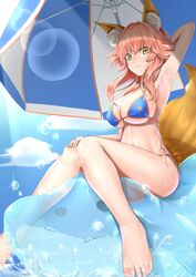  animal_ears bikini fate/grand_order kamehito kitsune swimsuits tail tamamo_no_mae umbrella wet 