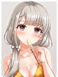  asymmetrical_bangs bikini blush braid braided_bangs breasts cleavage collarbone commentary commentary_request eating female food food_on_body food_on_breasts grey_hair hair_ribbon highres hisakawa_nagi holding holding_food holding_ice_cream ice_cream ice_cream_bar idolmaster idolmaster_cinderella_girls looking_at_viewer medium_breasts naruse_nagi partial_commentary polka_dot polka_dot_bikini ribbon sexually_suggestive simple_background solo swimsuit twintails two-tone_background 