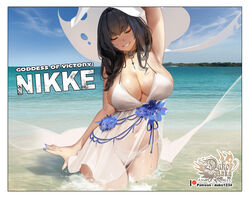  bad_id bad_twitter_id beach bikini black_hair blue_flower blue_nails blue_sky breasts cleavage cloud collar commentary copyright_name day english_commentary female fingernails flower goddess_of_victory:_nikke highres hu_dako large_breasts long_hair mary_(bay_goddess)_(nikke) mary_(nikke) nail_polish navel ocean official_alternate_costume outdoors partially_submerged patreon_username sky smile solo swimsuit white_bikini 