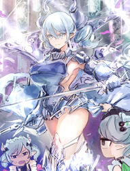  3girls arianna_the_labrynth_servant arianne_the_labrynth_servant armor armored_dress breasts clothes_lift demon_girl demon_wings dual_wielding duel_monster expressionless female_pervert gauntlets grey_eyes hatano_kiyoshi highres holding holding_sword holding_weapon lady_labrynth_of_the_silver_castle lovely_labrynth_of_the_silver_castle maid multiple_girls multiple_weapons no_bra pervert siblings sideboob sideless_outfit skirt skirt_lift sword twins weapon white_hair wings yu-gi-oh! 