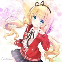  alternate_hairstyle blonde_hair clockwork_rabbit closed_mouth commentary female finger_to_cheek gochuumon_wa_usagi_desu_ka? green_eyes hair_ornament hair_ribbon kirima_syaro long_hair mocha_(naturefour) ribbon school_uniform skirt smile solo 