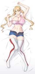  arm_up armpits bare_shoulders bed_sheet belt blonde_hair breasts cleavage collarbone commentary_request dakimakura_(medium) denim denim_shorts earrings female full_body green_eyes grin gundam gundam_tekketsu_no_orphans hair_between_eyes heart heart_earrings highres jewelry lafter_frankland large_breasts long_hair looking_at_viewer lying midriff nail_polish navel obliques off_shoulder on_back open_belt open_fly ozaneko parted_bangs partial_commentary pink_nails pink_sports_bra shadow short_shorts shorts single_sidelock skindentation smile solo sports_bra teeth thighhighs twintails white_thighhighs 