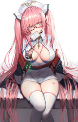  azur_lane blush breasts center_opening cleavage dress female glasses gloves hair_ornament half_gloves hat highres id_card large_breasts long_hair looking_at_viewer nurse nurse_cap official_alternate_costume perseus_(azur_lane) perseus_(unfamiliar_duties)_(azur_lane) pink_eyes pink_gloves pink_hair solaris_(sinhyg) solo thighhighs thighs twintails very_long_hair white_hat white_thighhighs 