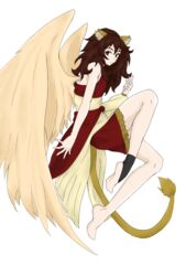  animal_ears bad_source brown_hair dress female highres lamassu lion_ears lion_tail red_eyes self-upload solo sumerian_mythology tail wings 