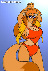  animal_humanoid breasts chrisandcompany cleavage clothed clothing daryl_vecat domestic_cat eyewear felid feline felis female humanoid mammal solo sunglasses swimwear 