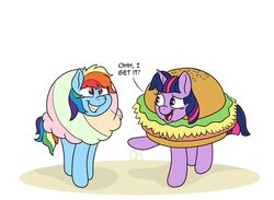  burger burger_costume clothing costume cream_(disambiguation) dessert doodledonut duo equid equine female feral food food_costume friendship_is_magic hasbro horse ice ice_cream ice_cream_costume kigtoons mammal my_little_pony pony rainbow_dash_(mlp) twilight_sparkle_(mlp) 