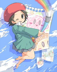  adeleine barefoot blush_stickers brown_hair cloud collared_shirt commentary_request female hat holding holding_paintbrush kirby kirby_(series) maxim_tomato miniskirt one_eye_closed oosuzu_aoi outstretched_arm paintbrush painting_(action) palette_(object) paper rainbow red_headwear shadow shirt short_hair skirt sky smile solo_focus teeth thighs waddle_dee 