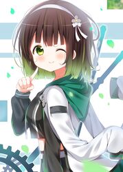  ;) black_shirt black_skirt blush bow breasts brown_hair clockwork_rabbit closed_mouth commentary_request crop_top crop_top_overhang deyui drawstring female flower gears gochuumon_wa_usagi_desu_ka? gradient_hair green_eyes green_hair hairband hairbow hand_up index_finger_raised jacket jacket_on_shoulders long_sleeves medium_breasts midriff multicolored_hair one_eye_closed pleated_skirt shirt signature skirt smile solo ujimatsu_chiya upper_body white_bow white_flower white_hairband white_jacket 