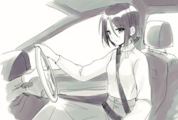  bad_id bad_pixiv_id breasts car_interior closed_mouth commentary_request driving eyes_visible_through_hair female from_side greyscale hair_between_eyes highres ichiren_namiro jun_(princess_connect!) jun_(real)_(princess_connect!) light_smile long_skirt long_sleeves looking_at_viewer monochrome parted_bangs princess_connect! seatbelt shirt short_hair skirt small_breasts solo 