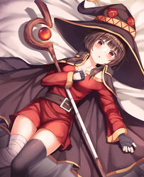  :o absurdres asymmetrical_legwear bandaged_leg bandages bed_sheet belt belt_buckle black_cape black_hat black_thighhighs blunt_bangs blush breasts brown_hair buckle cape commentary_request dress female from_above hand_on_own_chest haneiro hat highres kono_subarashii_sekai_ni_shukufuku_wo! long_sleeves looking_at_viewer lying medium_breasts megumin mismatched_legwear on_back orb parted_lips partial_commentary photoshop_(medium) red_dress red_eyes short_hair_with_long_locks sidelocks single_thighhigh solo staff thigh_gap thighhighs witch_hat 