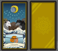  2019 absurd_res arthropod canid canine canis card card_template crustacean decapoda detailed_background digital_media_(artwork) duo fortune_telling fur hair hi_res lobster lupelongo major_arcana malacostracan male mammal marine moon outside ruins sky smile standing tarot tarot_card the_moon_(tarot) tower water white_body white_fur wolf 