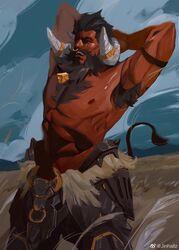  1boy abs armor arms_behind_head bara beard bell body_fur chest_hair chinese_zodiac cow_boy cow_tail curled_horns dark-skinned_male dark_skin facial_hair feet_out_of_frame forked_eyebrows highres horn_ornament horn_ring horns jinhallz large_horns large_pectorals long_beard male_focus mature_male moustache muscular muscular_male neck_bell nipples nose_piercing nose_ring original pectorals piercing scar scar_across_eye short_hair solo stomach stretching tail thick_eyebrows thick_mustache topless_male very_dark_skin year_of_the_ox 