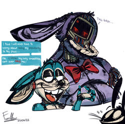  2022 absurd_res angry animatronic annoyed anthro bow_tie dialogue digital_media_(artwork) english_text five_nights_at_freddy&#039;s five_nights_at_freddy&#039;s_2 furrllow glowing group half-closed_eyes hi_res lagomorph leporid machine male mammal narrowed_eyes open_mouth profanity rabbit red_bow_tie robot scottgames shadow_bonnie_(fnaf) smile teeth text tongue toy_bonnie_(fnaf) trio withered_bonnie_(fnaf) 