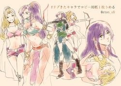  2girls armor blonde_hair breasts cape cleavage closed_mouth crossover dancer_(final_fantasy) faris_scherwiz final_fantasy final_fantasy_5 final_fantasy_iv green_eyes long_hair looking_at_viewer multiple_girls panties ponytail purple_hair rosa_farrell simple_background smile toutoumi translation_request underwear 