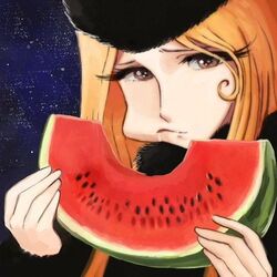  black_headwear blonde_hair brown_eyes close-up commentary eating female food fruit full_mouth fur_hat ginga_tetsudou_999 hat lafolie looking_at_viewer maetel matsumoto_leiji_(style) parody ushanka watermelon 