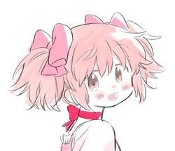  :d blush choker close-up commentary_request female hair_between_eyes happy kaname_madoka kaname_madoka_(magical_girl) looking_at_viewer looking_back lowres mahou_shoujo_madoka_magica mahou_shoujo_madoka_magica_(anime) no+bi= no_nose open_mouth pink_eyes pink_hair portrait puffy_short_sleeves puffy_sleeves red_choker ribbon_choker short_sleeves short_twintails sidelocks simple_background smile solo twintails white_background white_sleeves 