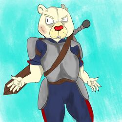  armor bear brown_eyes claws clothing male mammal melee_weapon polar_bear red_nose red_stripes scar shadings spazlovesdew stripes sword teeth uniform ursine weapon 