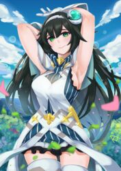  absurdres armpits arms_up black_hair blue_dress breasts cloud day dress female forest frilled_dress frills gloves green_eyes hair_between_eyes hair_ornament hairband highres large_breasts long_hair nature nixour ocean phiria_(world_flipper) sideboob sky smile striped_clothes striped_dress thighhighs white_gloves world_flipper 