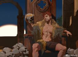  1boy abs bara bare_pectorals beard black_shorts coat facial_hair feet_out_of_frame fur_coat holding holding_skull jinhallz king large_pectorals laurel_crown light_smile male_focus moustache muscular muscular_male no_nipples open_clothes open_coat original pectorals pile_of_skulls short_hair shorts sitting skull solo stomach throne 