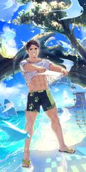  1boy abs bara bird black_male_swimwear blue_sky brown_hair clothes_lift commentary_request commission facial_hair full_body goatee green_eyes grin highres male_focus male_swimwear muscular muscular_male nipples original outdoors p!k@ru paw_print print_male_swimwear sandals shirt_lift short_hair sideburns skeb_commission sky smile solo stomach swim_trunks thick_eyebrows toned toned_male tree water 