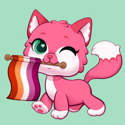  &lt;3_eyes ambiguous_gender big_head blush chibi domestic_cat eyebrows fan_character felid feline felis feral flag fur green_eyes hasbro head_tuft heart hi_res holding_flag holding_object leg_markings lesbian_pride_colors lgbt_pride lithiumlps littlest_pet_shop mammal markings one_eye_closed pawpads paws pink_body pink_fur pink_nose prick_ears pride_colors smile socks_(marking) solo style_parody tuft walking wink 